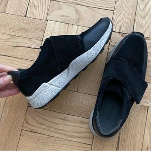 Vince black suede sneakers, women’s size 6.6. Velcro strap. Worn once.